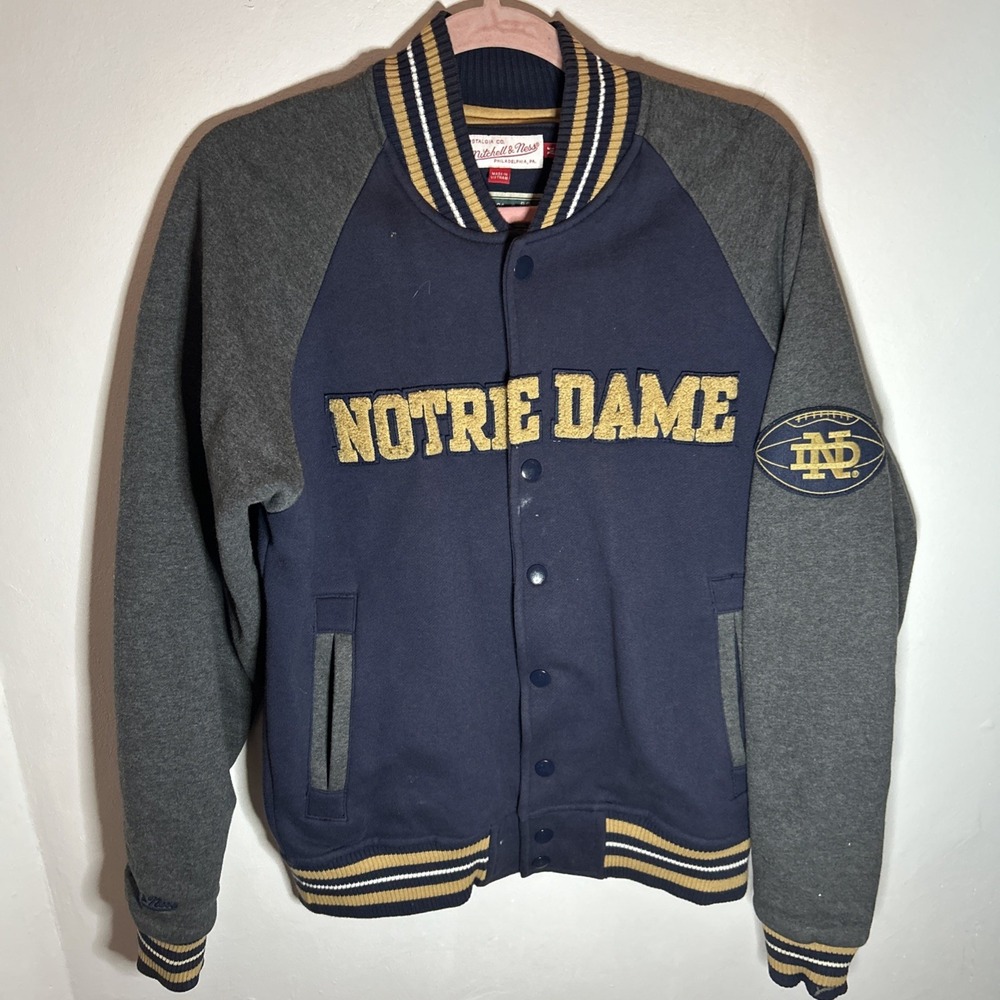 MITCHELL & NESS Mens NOTRE DAME NCAA Jacket Sweatshirt Medium Sz‎ Med Blue Gray